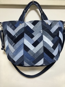 デニムリメイクバッグ ハンドメイド オリジナル ショルダーバッグ パッチワーク リメイク 2way ヘリンボーン ハンドバッグ