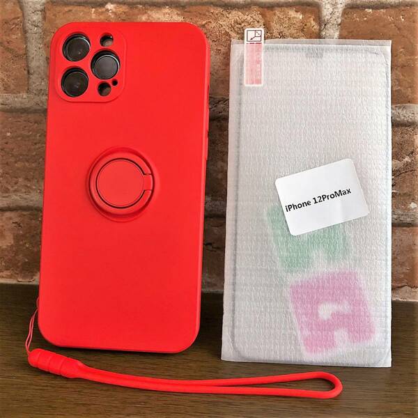 Apple iPhone12 ProMax 対応・リング付シリコンカバー（赤）ストラップ・ガラスフィルム付属