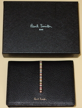 ポールスミス Paul Smith★カードケース 定期入れ パスケース★牛革★インセット マルチストライプ★ブラック・黒★グレインレザー採用 _画像1