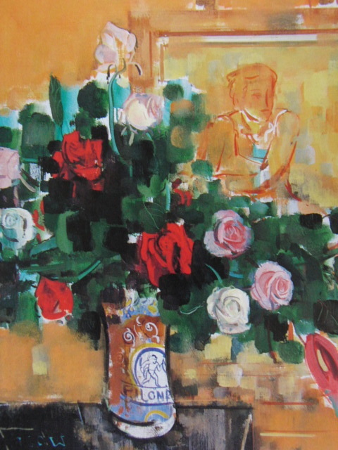 Yasuo Sato, [Intérieur avec des fleurs], Provenant d'une rare collection d'art encadrant, Nouveau cadre inclus, En bonne condition, frais de port inclus, peintre japonais, coco, Peinture, Peinture à l'huile, Nature morte