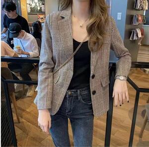 テーラードジャケット チェック柄 韓国ファッション ジャケット 春服ファッション