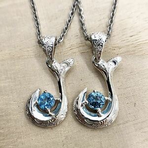  Hawaiian jewelry pair necklace fish hook Switzerland blue topaz gem quality natural stone men's lady's 