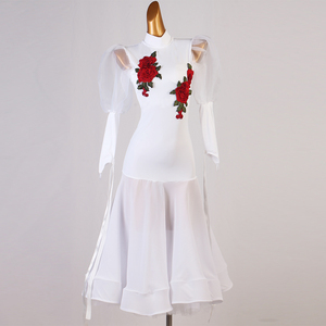 レディース社交ダンス衣装　ダンス競技ドレス　素敵刺繍花柄飾り 新作　ホワイト　サイズ調整可　S～XXL