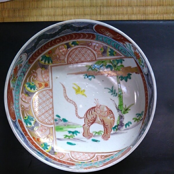 伊万里焼 江戸 ~ 明治 時代 竹虎 の図 色絵 はち どんぶり