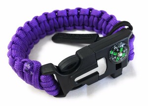 5way パラコード ブレスレット 【紫】 ジップタブ付 多機能 コンパス 笛 スクレーパー ファイヤースターター 非常用ロープ　パープル
