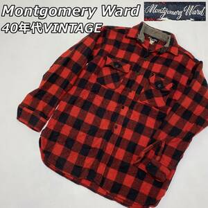 40年代【Montgomery Ward】モンゴメリーワード ウール ネルシャツ バッファローチェック 赤 黒 長袖 ストアブランド 40s ビンテージ
