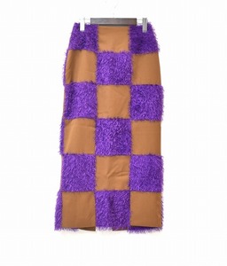 G.V.G.V.（ジーヴィジーヴィ）シャギー フリンジ ロング スカート SKIRT　BROWN×PURPLE チェッカー 36 MADE IN JAPAN GVGV