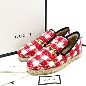  free shipping unused Gucci Loafer slip-on shoes shoes shoes 575850 G1270 9145 hose bit check tweed 36 1/2 23.5cm corresponding red series 
