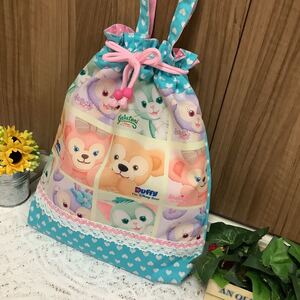 体操着袋 お着替え袋 巾着★フェイス柄 ミント色系 体操服入れ 体操着入れ 女の子向け ハンドメイド