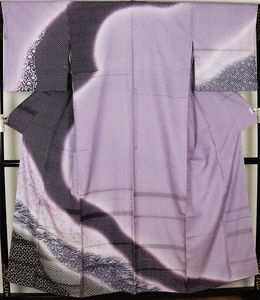 友禅訪問着 正絹 薄紫 紫 暈し 夢叶 汕頭刺繍 ドロンワーク刺繍 縞 文様 Sサイズ 15号 ki20085 新品 お出かけ用 送料無料