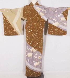 【送料無料】絞り訪問着 正絹 緑 ベージュ 紫 絞り扇 梅 刺繍小花 身丈165cm 裄丈68cm Lサイズ ki26220 新品