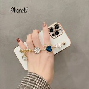 iPhoneケース iPhone12 ジュエリーゴールドメッキチェーン付き白