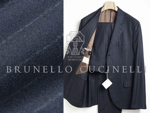 ■新品118万【BRUNELLO CUCINELLI】贅沢極上カシミヤ92%/貴賓漂う最高峰ブルネロクチネリストライプ3Bネイビースーツ54/XXLサイズ相当/B590