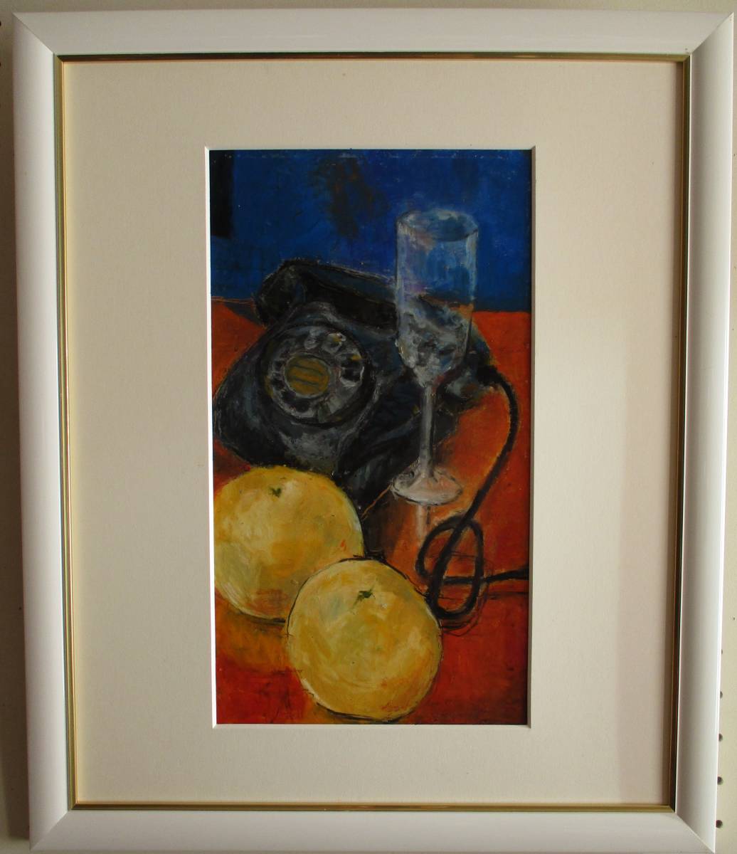 額付き(黒）油絵 uF6-061504 静物（果物とワインとポット） - library 