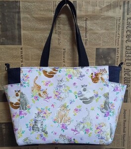 ハンドメイド トートバッグ ショルダーバッグ マザーズバッグ 花柄ネコ