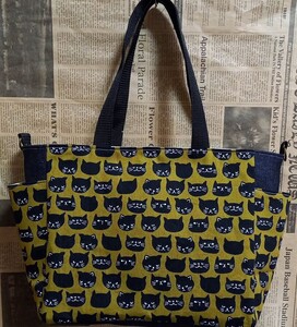 ハンドメイド トートバッグ ショルダーバッグ マザーズバッグ 黒猫 カーキ