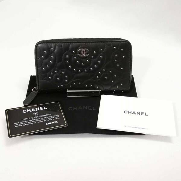 【美品】CHANEL（シャネル）カメリア　ココマーク　スタッズ　ラウンドファスナー　財布　ブラック　レディース 2018年製【送料無料】894