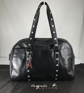  beautiful goods agnes b original leather high class cow leather pearl studs 2WAY pretty black A4 magazine storage tote bag & shoulder bag. beautiful goods Logo charm attaching.