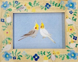 かわいい小鳥のフォトフレーム♪青花とオカメ　ボタニカルことりシリーズ　オカメインコ