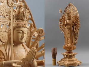 仏教美術 木造 檜 千手観音菩薩立像 高41cm 置物 木彫 仏像 細密細工 古美術品[a613]
