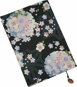 黒 ピンク ブックカバー 黒×花模様 文庫本サイズ そろばん玉のしおり付き ハンドメイド和雑貨 日本製