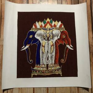 新品・即決・タイシルク製の’エラワン象・３頭象’のハンドプリント(手捺染)布・タペストリー