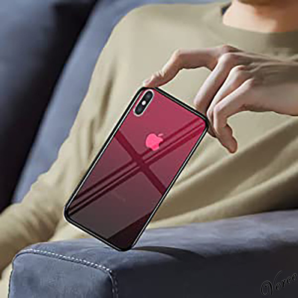 【鮮やかなレッド透明グラデーション】 背面ガラスケース iPhone X / XS TPU ストラップホール 耐衝撃 指紋防止 グリップ感