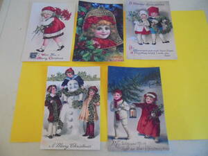 即決　新品　ポストカード　絵ハガキ　５枚セット　ビクトリアン　クリスマス　スノーマン　雪だるま　女の子　男の子　ミッドセンチェリー