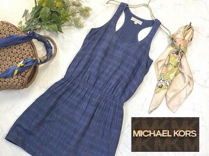 d833★ MICHAEL KORS マイケルコース シルク100％ ネイビー ワンピース ウエストゴム アメリカンスリーブ ノースリーブ レディース