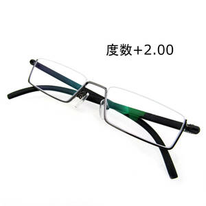 【送料無料】 老眼鏡 ＋2.00 軽量 リーディンググラス TR90 アンダーリム ガンメタル スクエア シンプル おしゃれ ビジネス