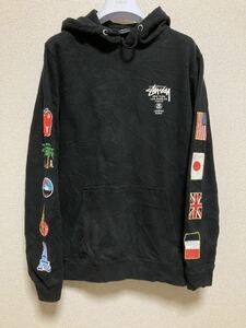 90's ヴィンテージ STUSSY ステューシー WORLD TOUR LOGO ワールドツアーロゴ スウェットパーカー 袖プリ 黒 プリント M フーディ stussy