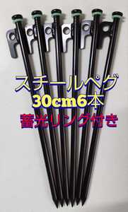 スチールペグ 30cm 6本セット 蓄光リング 強靭 ソリッド