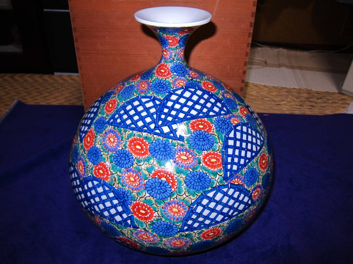 Jarrón pintado a mano por Nishiki Sai Fujii Some Nishikikuen Keizu con caja de madera Auténtico, Imari, arita, imagen coloreada, otros