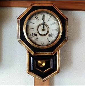稼働品 製造年代1880年 真鍮 E.N.WELCH　金縁八角合長ゼンマイ振り子時計 アンティーク