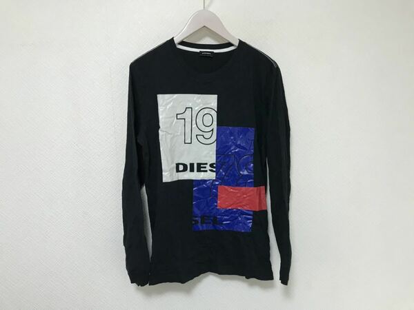 本物ディーゼルDIESELコットンプリント長袖TシャツロングカットソーメンズSブラック黒