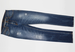 美品 39,000円 NUDIE JEANS Thin Finnデニム パンツ クラッシュM LサイズW31 L34ウエスト41 82 cmスリム インディゴ46ブルー薄めウォッシュ