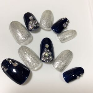 ジェルネイル ネイルチップ ハンドメイド クリスマス 冬 雪 ツリー ネイビー