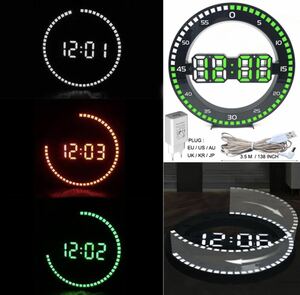 全5種類 要1種類選択 丸型3D LEDデジタル壁掛け時計 壁掛け時計 時計 インテリア モダン オーナメント デジタル USB 目覚まし時計 1603