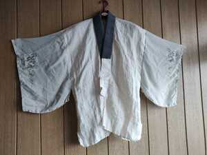 中古 リアル レトロ 酒を酌もう 着物 羽織 上着 麻 Vintage Kimono haori short coat with Japanese words Let's drink! リメイク 生地