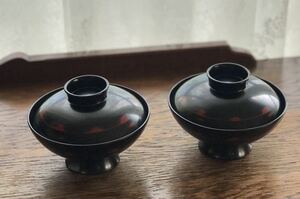 吸物椀　霞根来椀　2客　汁椀　雑煮碗　根来風　お正月　木製　蓋つき　新品　シール付き　1　和食器 お椀 蓋付き　 漆器 汁椀