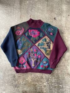 希少!80S 90S 黒タグ！EDDIE BAUER ハンドニット？ 花々 植物 モチーフ ウール セーター エディバウアー HAND KNIT 大きいサイズ(XL)319