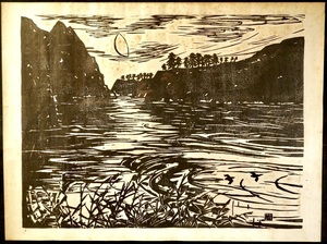日本のアンティーク　木版画　在銘品　風景画 幅72㎝　高さ54㎝　20号 単色で水辺、木々、空の風景、 遠近感を美しく表現した逸品　SHM