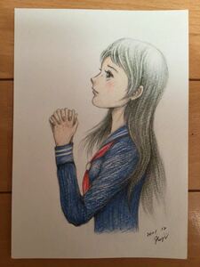 Art hand Auction Handwritten illustration girl ★Request ★Pencil Colored pencil Ballpoint pen ★Drawing paper ★Size 16.5 x 11.5cm ★New, comics, anime goods, hand drawn illustration