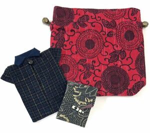 「 古布の赤い巾着袋・シャツのティッシュケース・古布の裁縫セット」 手作り 和風 ハンドメイド ソーイングセット