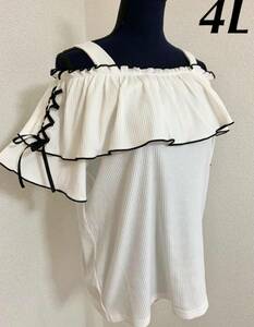 * new goods *. sleeve ribbon race up & off shoru frill specification × white * short sleeves * rib cut and sewn [4L]