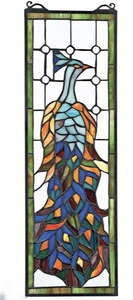 孔雀　ステンドグラス　アートガラス　窓枠インテリア　リフォーム　約53cm×18cm
