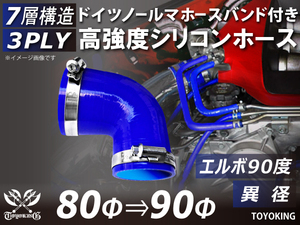 ドイツ ノールマ バンド付 高強度シリコンホース エルボ 90度 異径 内径Φ80→90 片足長さ90mm ブルー 自動車 汎用