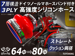 ドイツ ノールマ バンド付 高強度 シリコンホース クッション 異径 内径Φ80→64 全長76mm レッド 自動車 各種 汎用