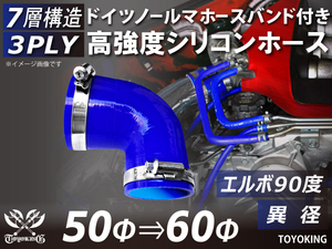 ドイツ ノールマ バンド付 高強度シリコンホース エルボ 90度 異径 内径Φ50→60 片足長さ90mm ブルー 自動車 汎用