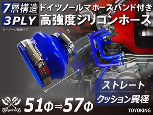 ドイツ ノールマ バンド付 高強度 シリコンホース クッション 異径 内径Φ57→51 全長76mm ブルー 自動車 各種 汎用